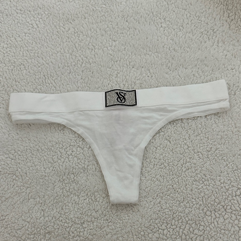 Victoria's Secret White Thong with Rhinestone Logo Patch